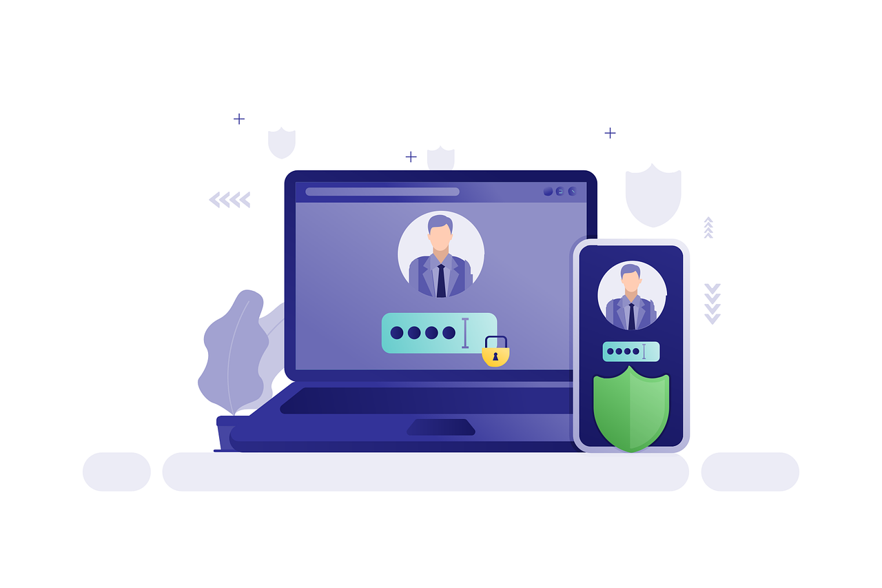 Illustration of a laptop and smartphone with sign-in fields and a protective shield.