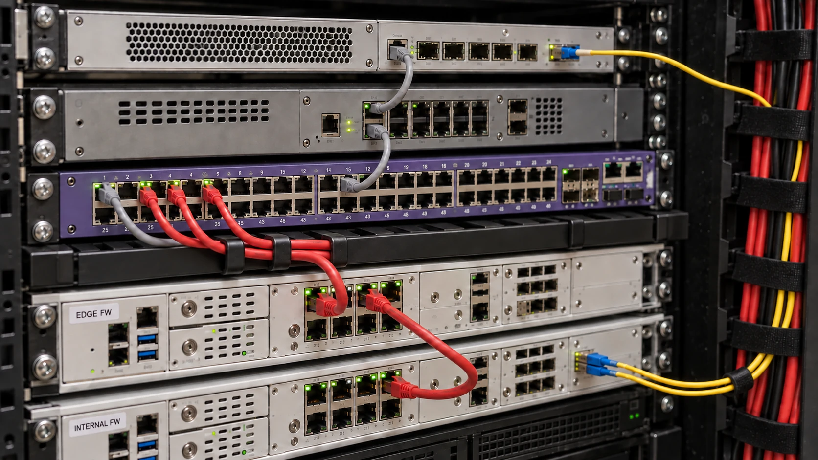 Illustration of rack-mounted network and security appliances connected with grey and red patch leads and yellow fibre.
