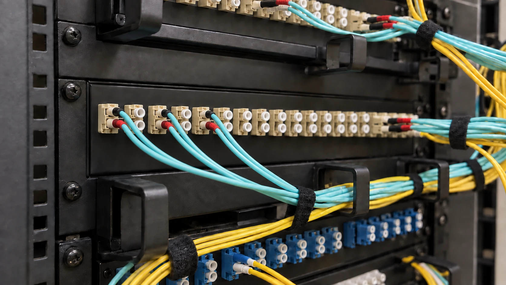 Illustration of aqua and yellow duplex fibre leads routed through patch panels and black cable management.