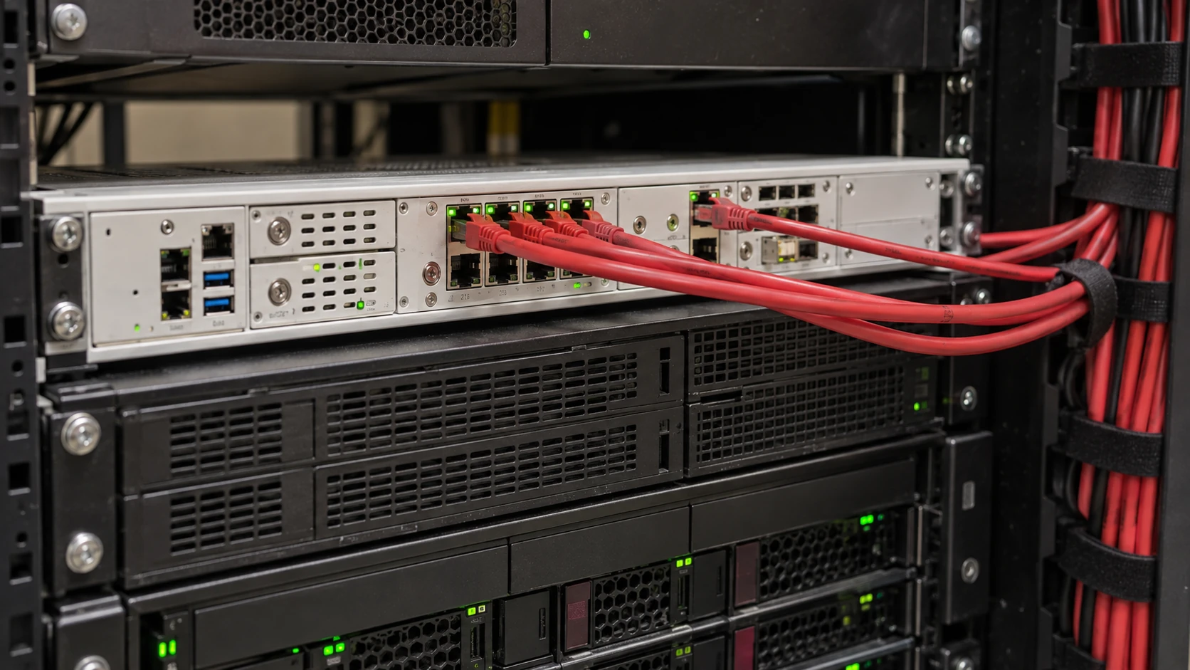 Illustration of a single rack-mounted security appliance connected with red network cables.