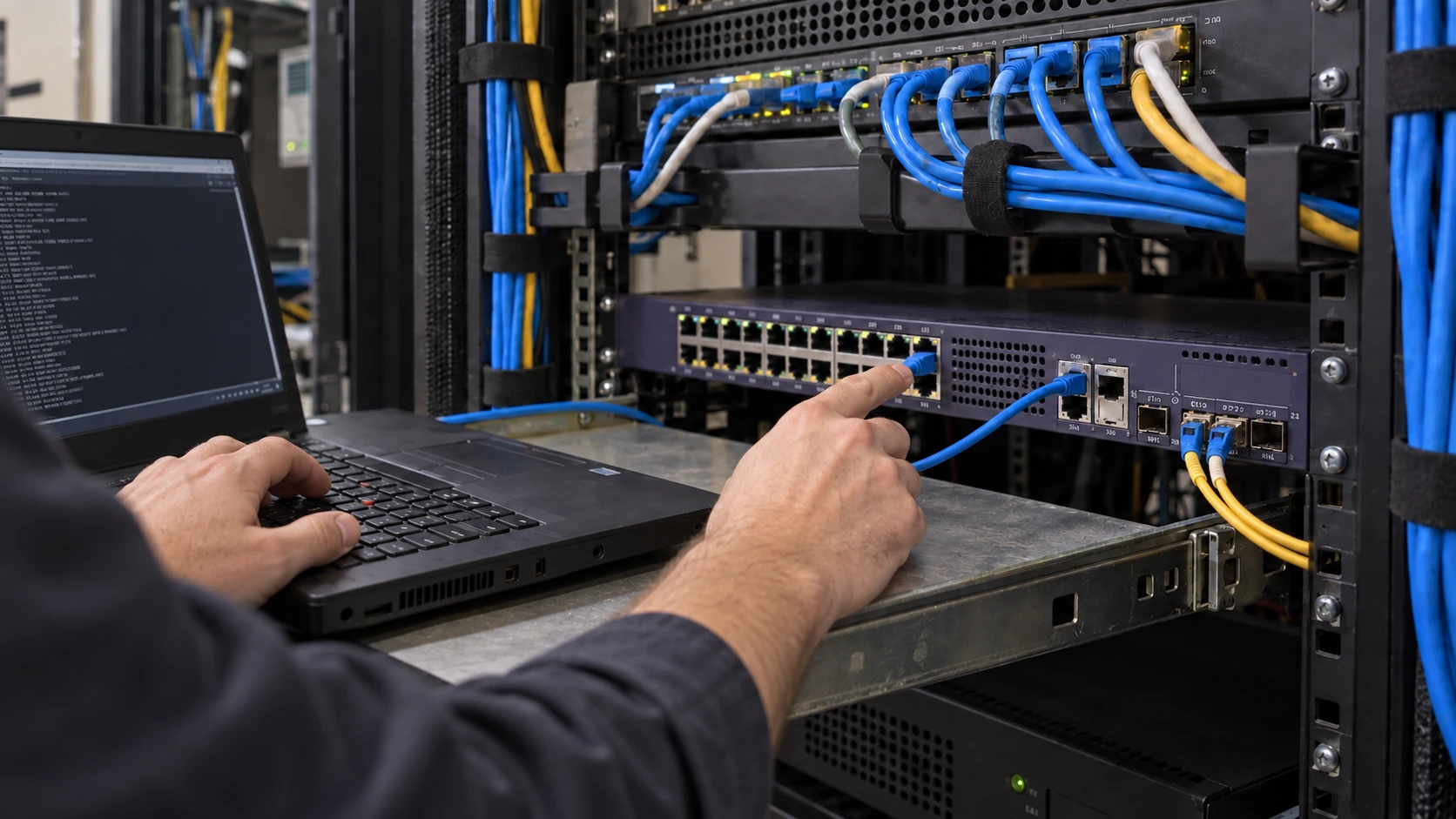 Illustration of a technician working at a laptop and checking a network cable beside a rack.