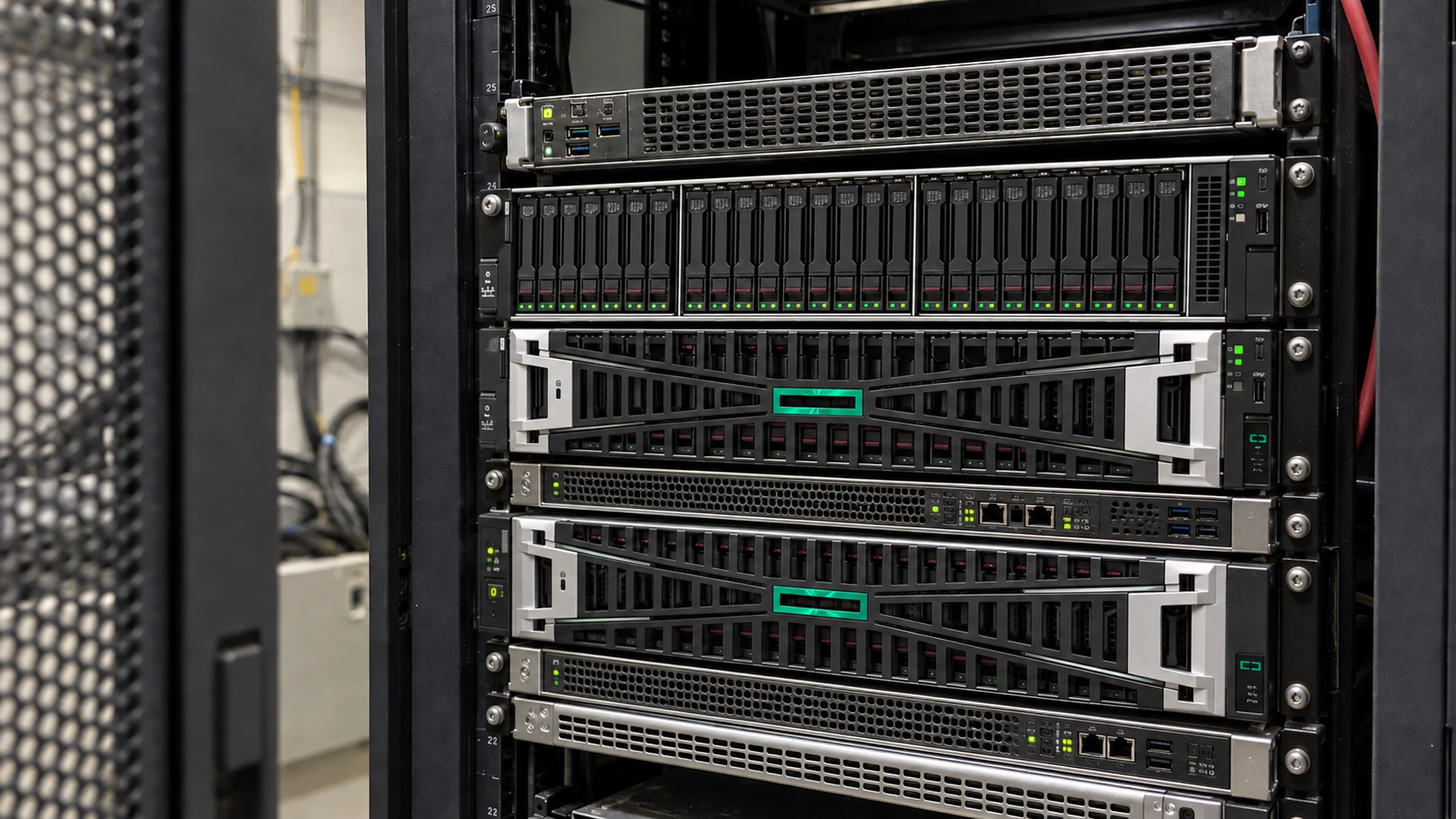 Illustration of a rack of silver and black server and storage equipment, with rows of drive bays and activity lights.